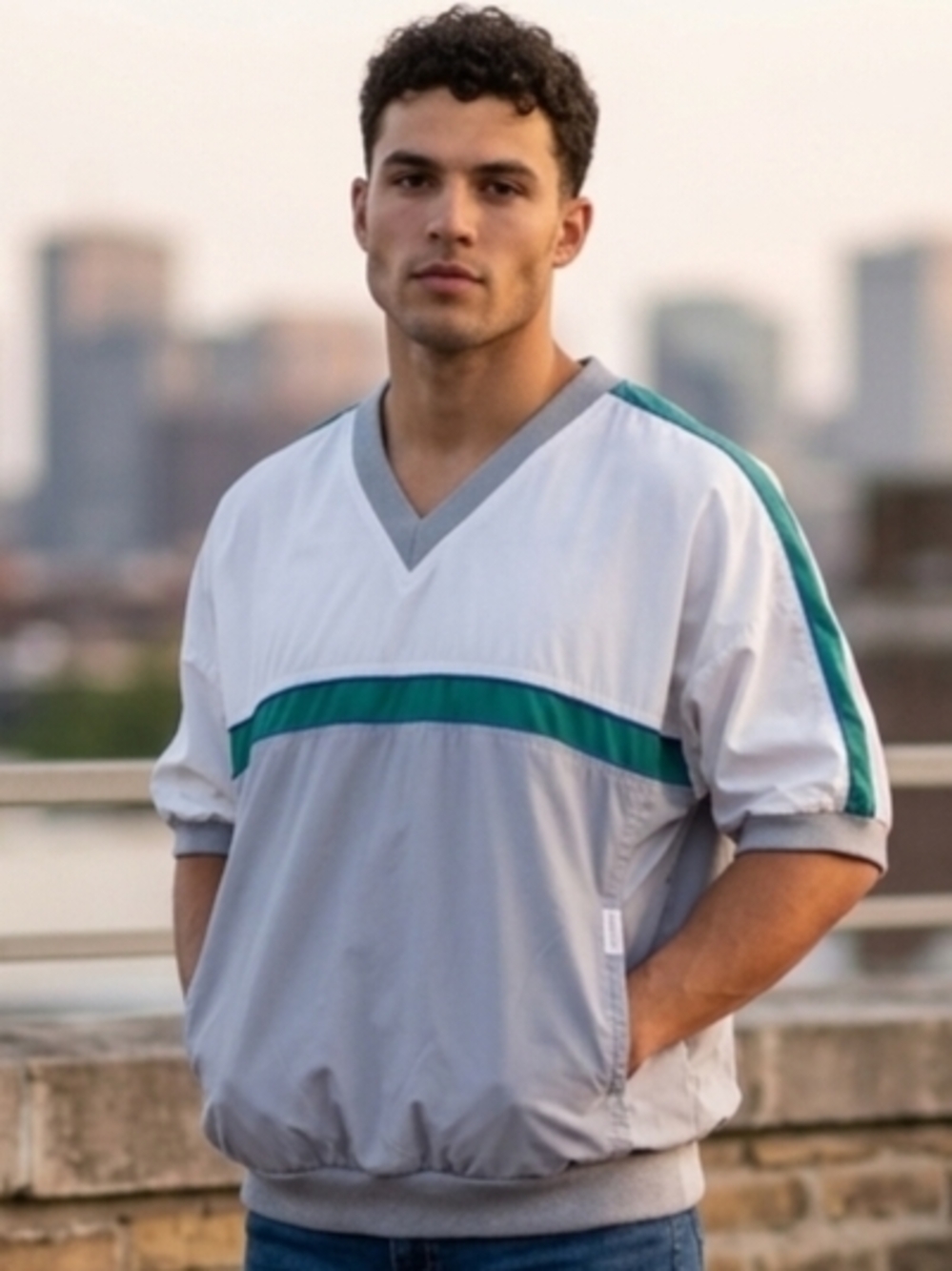 Christian Dior Monsieur Vintagee White, Gray & Teal V-Neck 90's  Pullover Size M